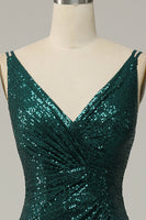 Load image into Gallery viewer, Dark Green Sequined Spaghetti Straps Prom Dress With Slit