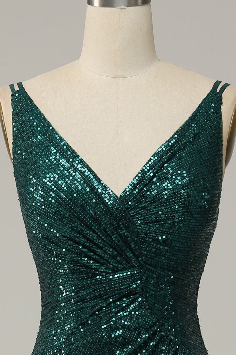 Load image into Gallery viewer, Dark Green Sequined Spaghetti Straps Prom Dress With Slit