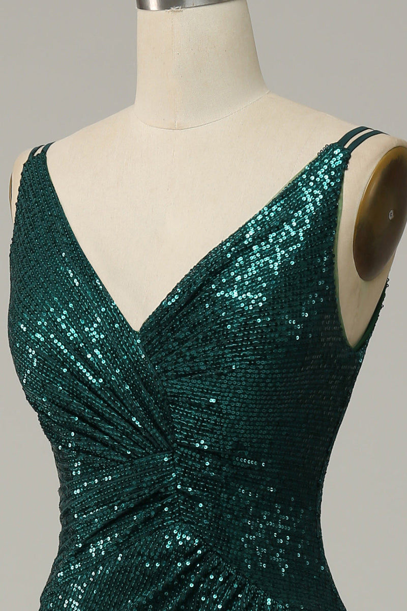 Load image into Gallery viewer, Dark Green Sequined Spaghetti Straps Prom Dress With Slit