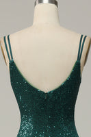 Load image into Gallery viewer, Dark Green Sequined Spaghetti Straps Prom Dress With Slit