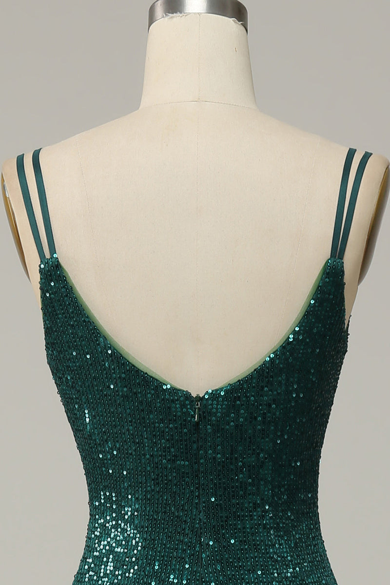 Load image into Gallery viewer, Dark Green Sequined Spaghetti Straps Prom Dress With Slit