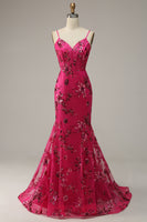 Load image into Gallery viewer, Hot Pink Spaghetti Straps Sequin Mermaid Corset Prom Dress