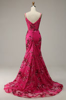 Load image into Gallery viewer, Hot Pink Spaghetti Straps Sequin Mermaid Corset Prom Dress