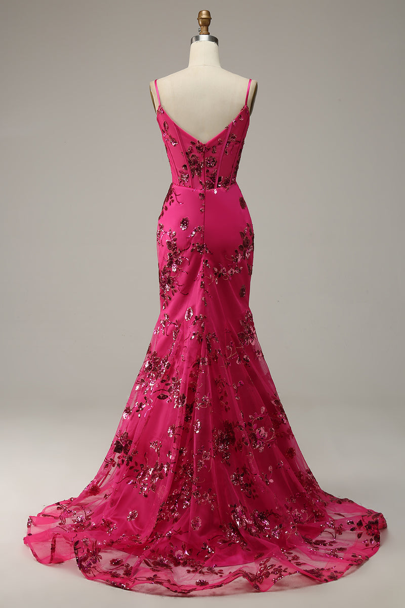 Load image into Gallery viewer, Hot Pink Spaghetti Straps Sequin Mermaid Corset Prom Dress