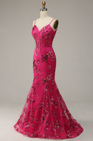 Load image into Gallery viewer, Hot Pink Spaghetti Straps Sequin Mermaid Corset Prom Dress