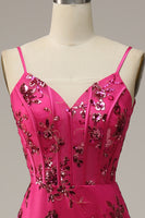 Load image into Gallery viewer, Hot Pink Spaghetti Straps Sequin Mermaid Corset Prom Dress