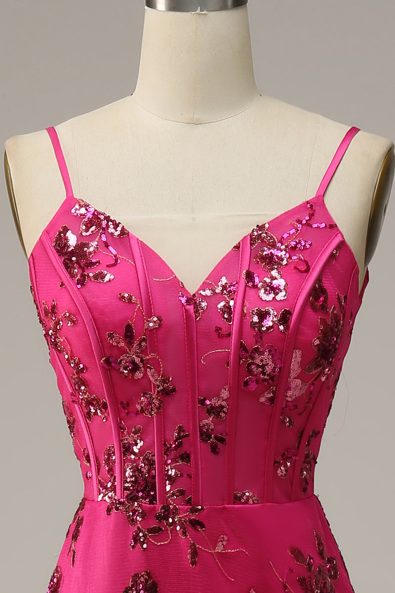 Load image into Gallery viewer, Hot Pink Spaghetti Straps Sequin Mermaid Corset Prom Dress