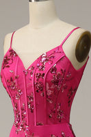 Load image into Gallery viewer, Hot Pink Spaghetti Straps Sequin Mermaid Corset Prom Dress