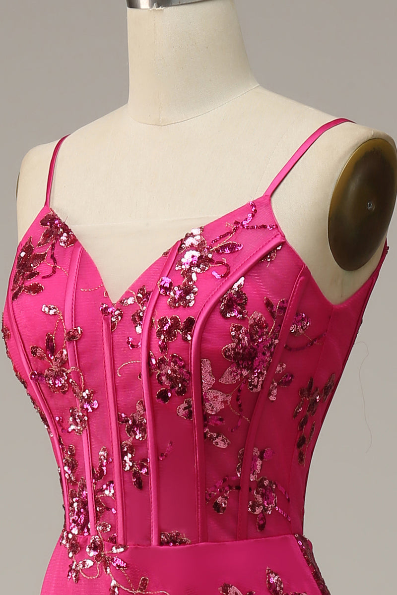 Load image into Gallery viewer, Hot Pink Spaghetti Straps Sequin Mermaid Corset Prom Dress