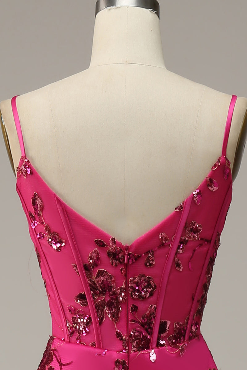 Load image into Gallery viewer, Hot Pink Spaghetti Straps Sequin Mermaid Corset Prom Dress