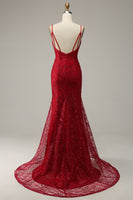 Load image into Gallery viewer, Dark Red Spaghetti Straps Mermaid Prom Dress with Slit