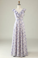 Load image into Gallery viewer, Blush Purple Flower Boho Chiffon Bridesmaid Dress