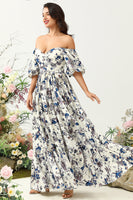 Load image into Gallery viewer, White Blue Flower Boho Bridesmaid Dress