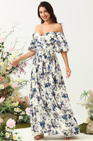 Load image into Gallery viewer, White Blue Flower Boho Bridesmaid Dress