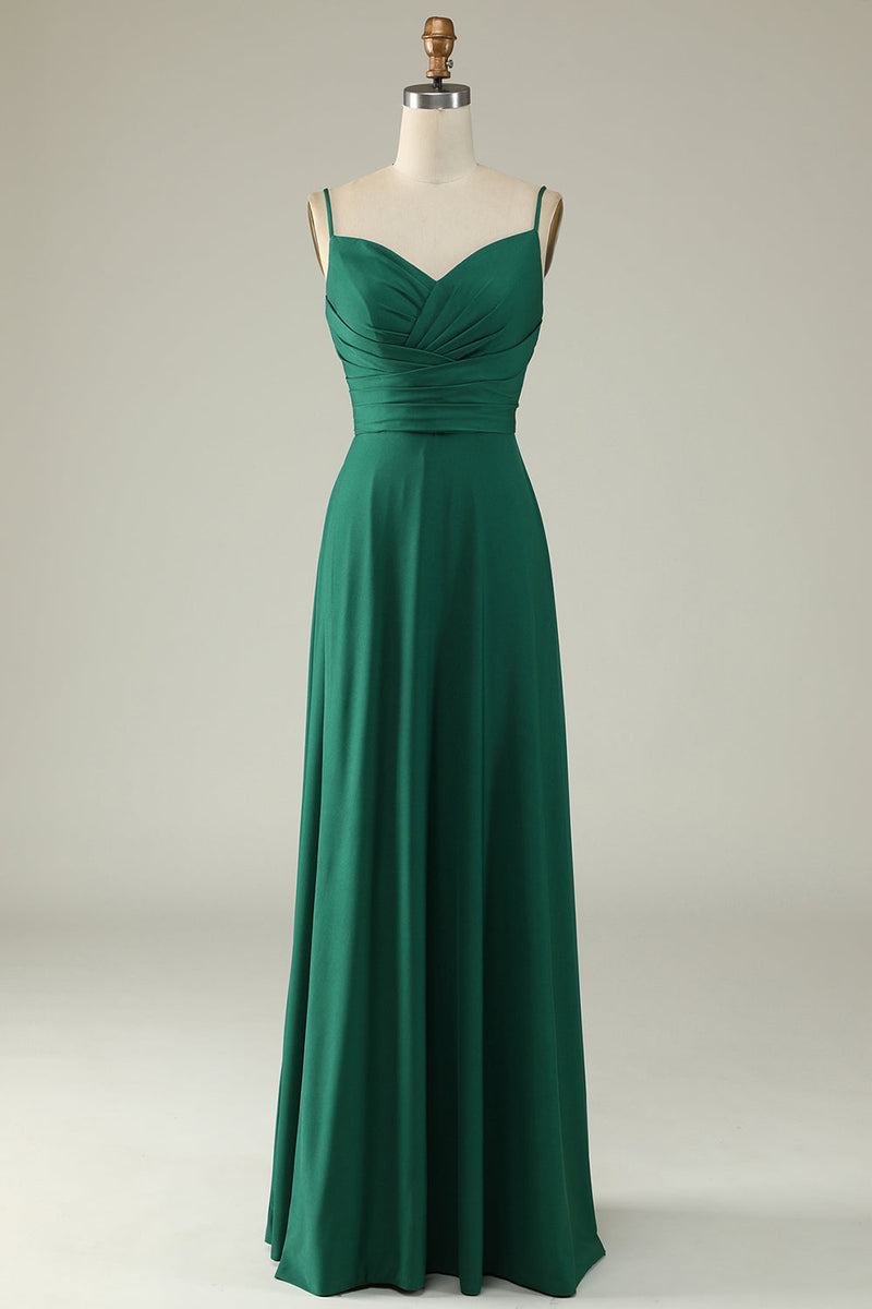 Load image into Gallery viewer, Dark Green A Line Spaghetti Straps Long Simple Prom Dress