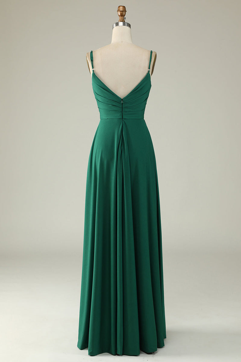 Load image into Gallery viewer, Dark Green A Line Spaghetti Straps Long Simple Prom Dress