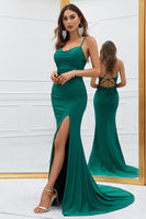 Load image into Gallery viewer, Mermaid Spaghetti Straps Dark Green Long Prom Dress with Criss Cross Back