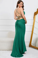 Load image into Gallery viewer, Mermaid Spaghetti Straps Dark Green Plus Size Prom Dress with Criss Cross Back