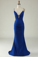 Load image into Gallery viewer, Mermaid Spaghetti Straps Royal Blue Plus Size Prom Dress with Criss Cross Back