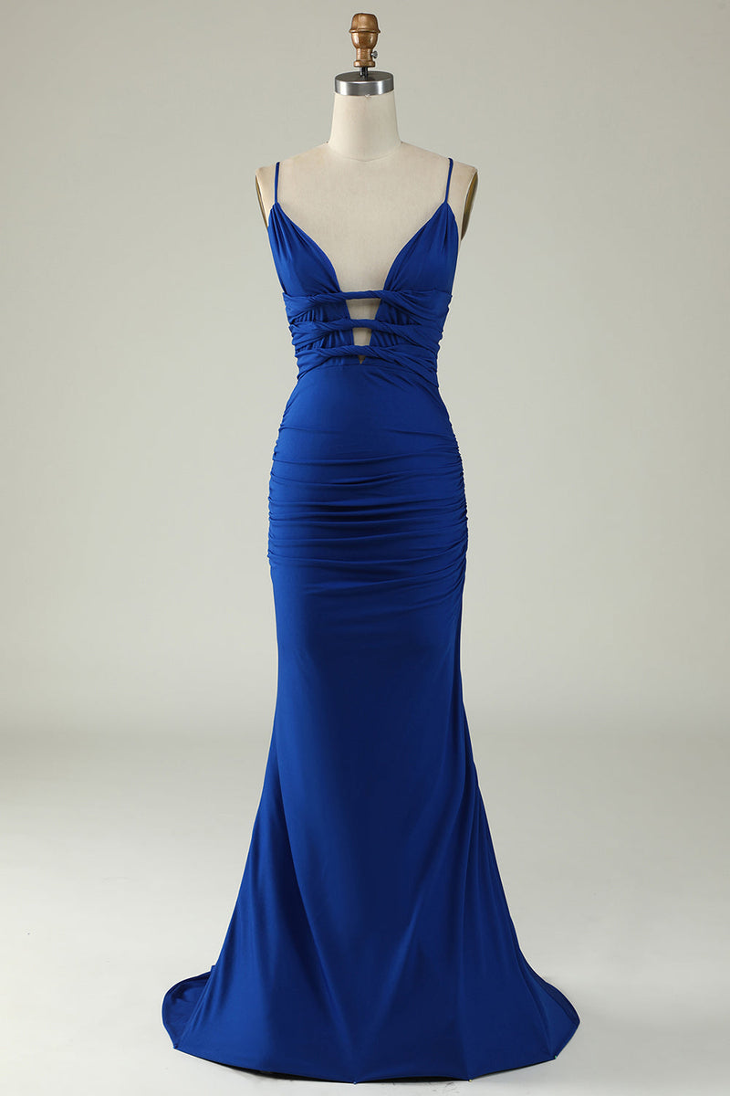 Load image into Gallery viewer, Mermaid Spaghetti Straps Royal Blue Plus Size Prom Dress with Criss Cross Back