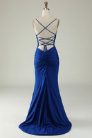 Load image into Gallery viewer, Mermaid Spaghetti Straps Dark Green Plus Size Prom Dress with Criss Cross Back