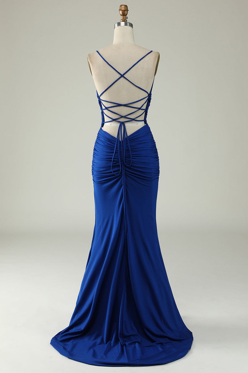 Load image into Gallery viewer, Mermaid Spaghetti Straps Royal Blue Plus Size Prom Dress with Criss Cross Back