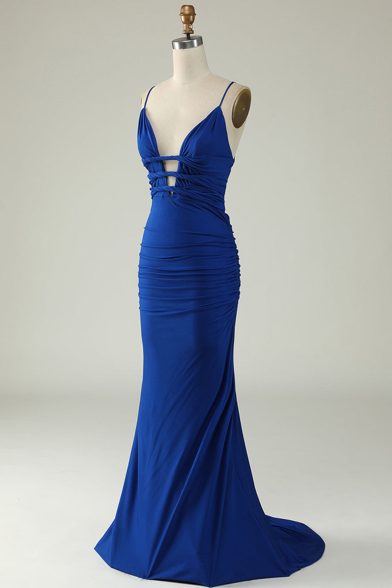 Load image into Gallery viewer, Mermaid Spaghetti Straps Royal Blue Plus Size Prom Dress with Criss Cross Back