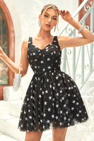 Load image into Gallery viewer, Black A Line Tulle Graduation Dress with Stars