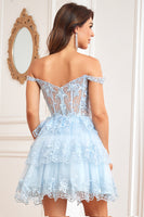 Load image into Gallery viewer, Off the Shoulder A Line Blue Corset Graduation Dress with Lace