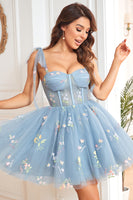 Load image into Gallery viewer, A Line Spaghetti Straps Grey Blue Short Prom Dress with Embroidery