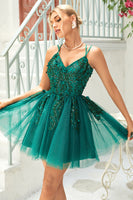 Load image into Gallery viewer, A Line Spaghetti Straps Dark Green Graduation Dress with Appliques Beading