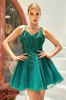 Load image into Gallery viewer, A Line Spaghetti Straps Dark Green Graduation Dress with Appliques Beading
