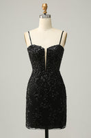 Load image into Gallery viewer, Sheath Spaghetti Straps Black Sequins Short Homecoming Dress with Criss Cross Back