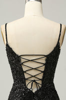 Load image into Gallery viewer, Sheath Spaghetti Straps Black Sequins Short Homecoming Dress with Criss Cross Back