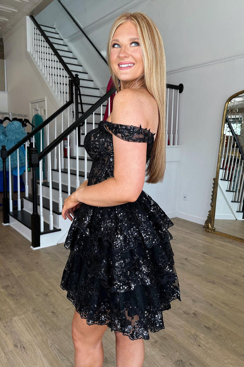 Load image into Gallery viewer, Sparkly Navy Corset Tiered Lace A-Line Short Graduation Dress