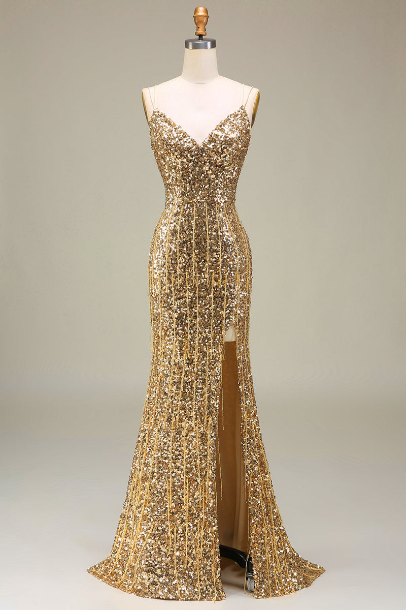 Load image into Gallery viewer, Sparkly Mermaid Golden Long Prom Dress with Slit