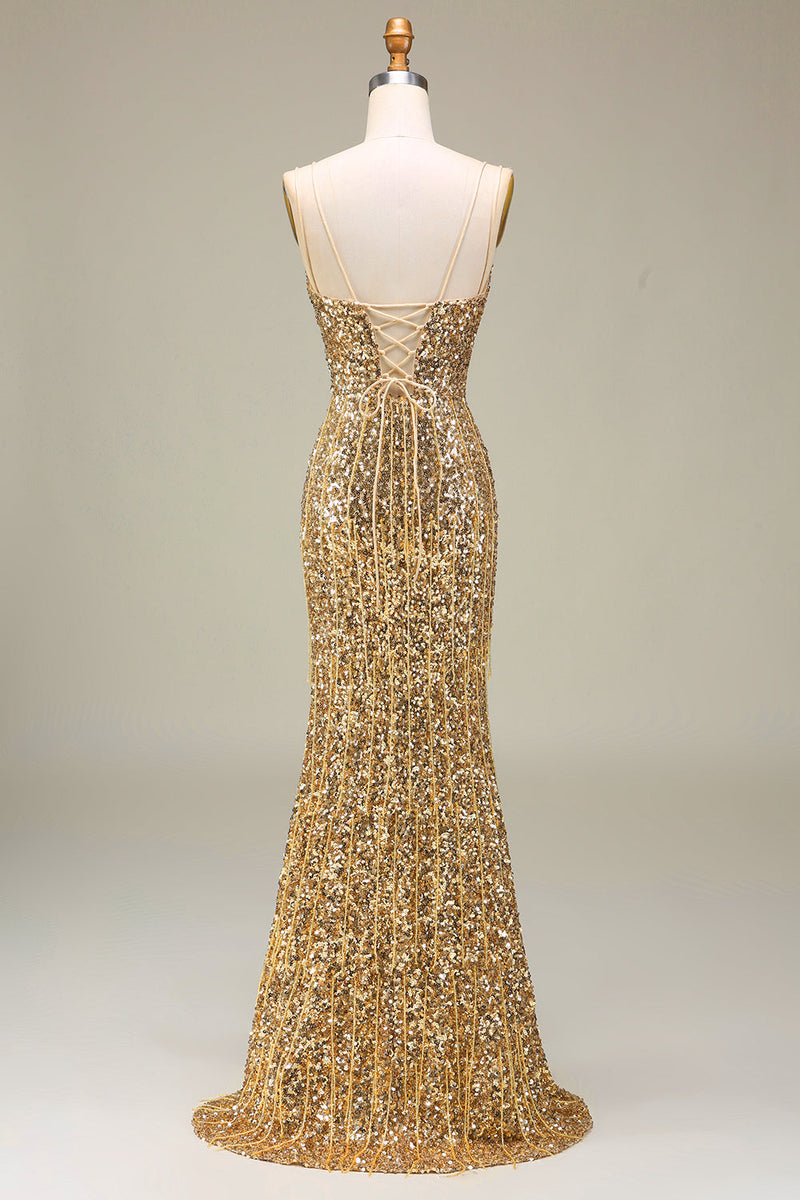 Load image into Gallery viewer, Sparkly Mermaid Golden Long Prom Dress with Slit