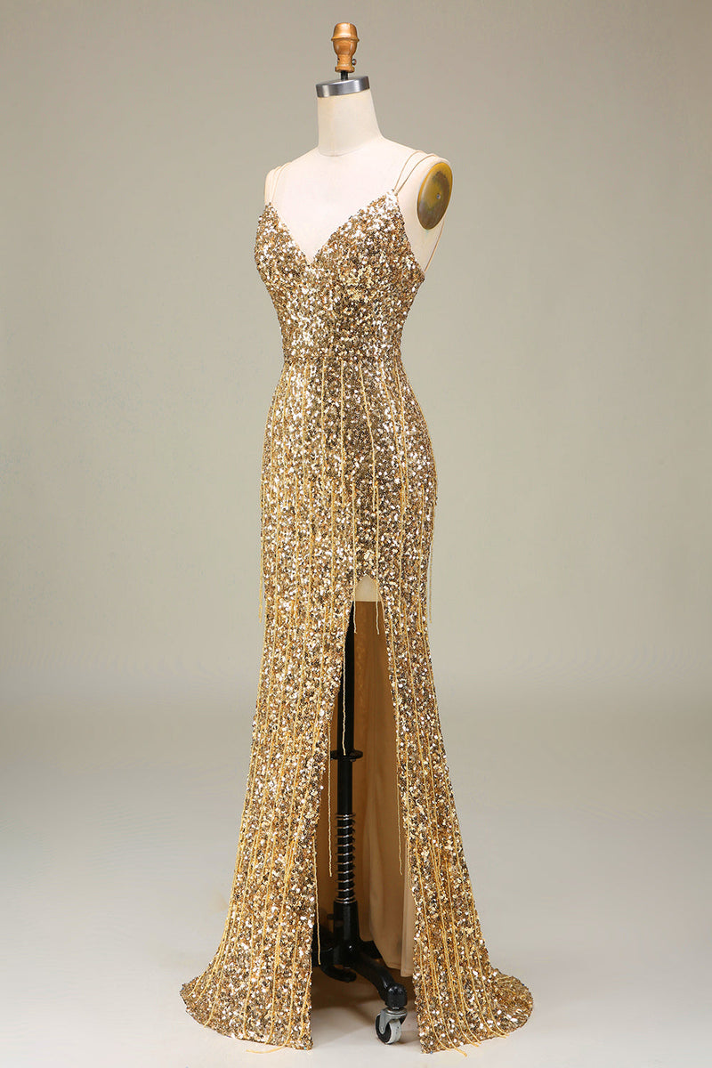 Load image into Gallery viewer, Sparkly Mermaid Golden Long Prom Dress with Slit
