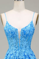 Load image into Gallery viewer, A-Line Spaghetti Straps Blue Tulle Prom Dress With Appliques