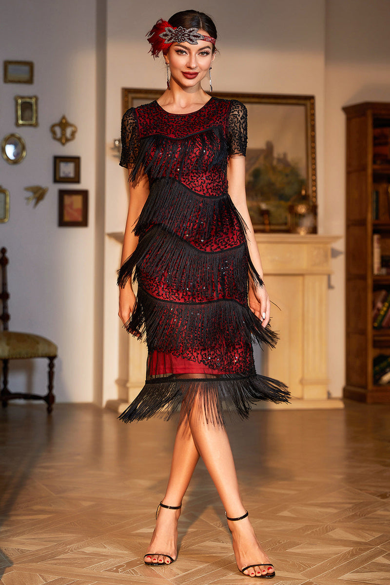 Hellymoon Women Sparkly Burgundy Sequined 1920s Flapper Dress with 20s Accessories hellymoonuk Hellymoon Women Sparkly Burgundy Sequined 1920s Flapper Dress with 20s Accessories hellymoonuk