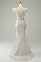 Load image into Gallery viewer, White Sequins V Neck Mermaid Long Prom Dress With Feathers