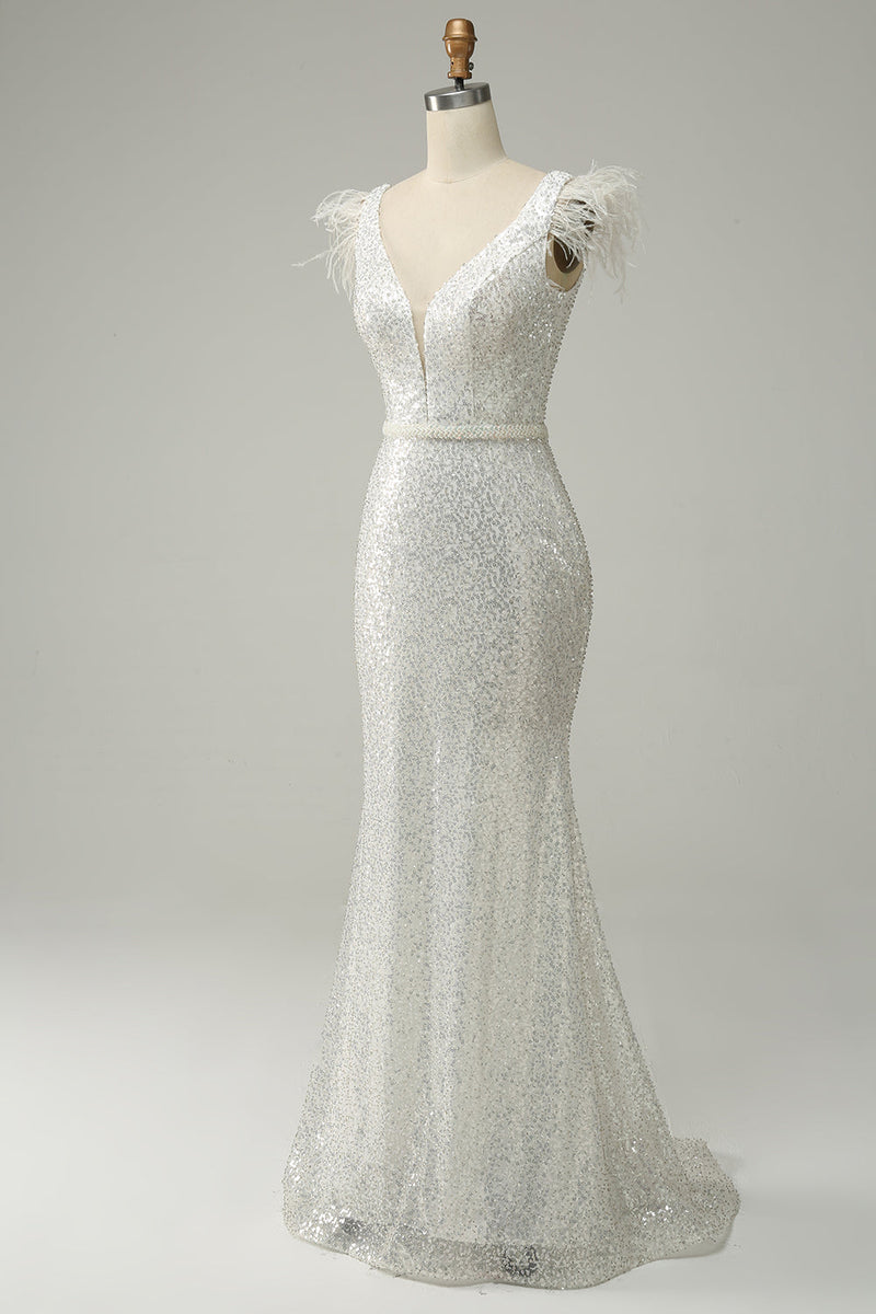 Load image into Gallery viewer, White Sequins V Neck Mermaid Long Prom Dress With Feathers