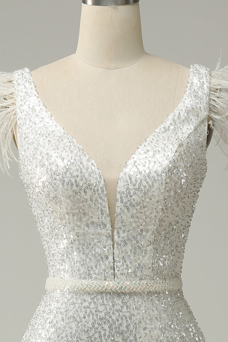 Load image into Gallery viewer, White Sequins V Neck Mermaid Long Prom Dress With Feathers