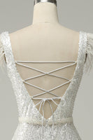 Load image into Gallery viewer, White Sequins V Neck Mermaid Long Prom Dress With Feathers