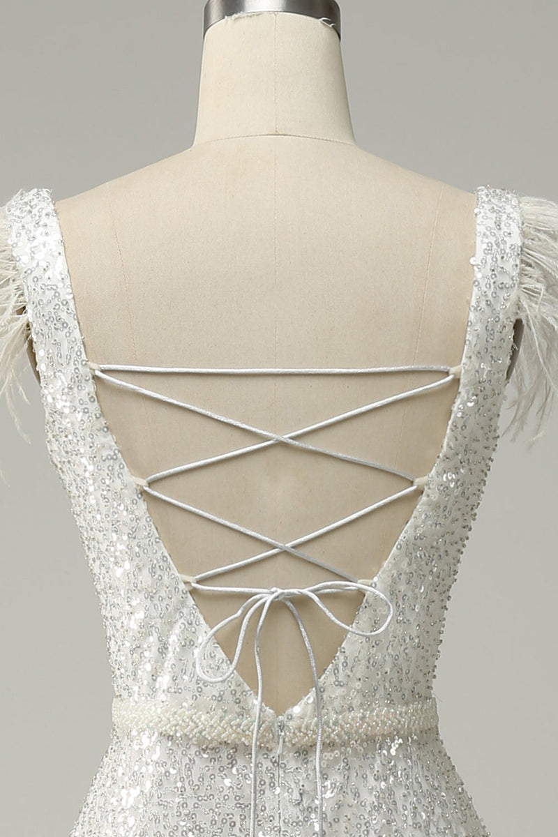 Load image into Gallery viewer, White Sequins V Neck Mermaid Long Prom Dress With Feathers