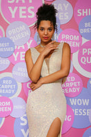 Load image into Gallery viewer, Champagne Deep V Neck Sequins Prom Dress with Slit