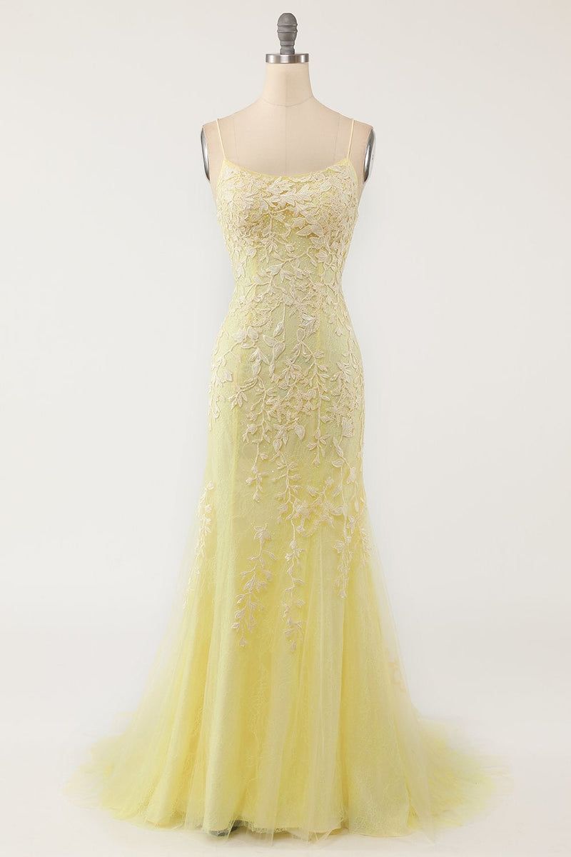 Women Mermaid Prom Dress Yellow Spaghetti Straps Backless Formal Dress –  hellymoonuk