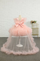 Load image into Gallery viewer, Pink High-low Tulle Flower Girl Dress with Bow