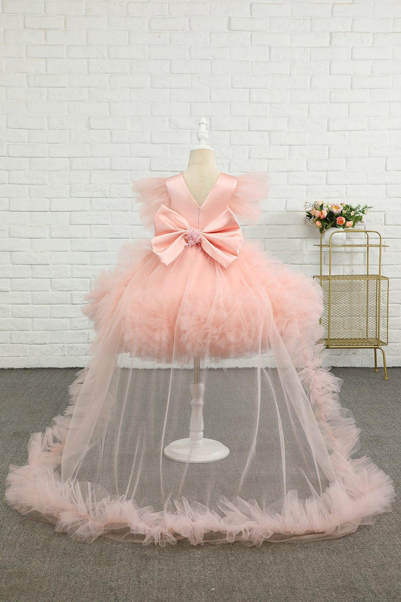 Load image into Gallery viewer, Pink High-low Tulle Flower Girl Dress with Bow