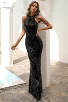 Load image into Gallery viewer, Glitter Black Sequin Halter Mermaid Prom Dress